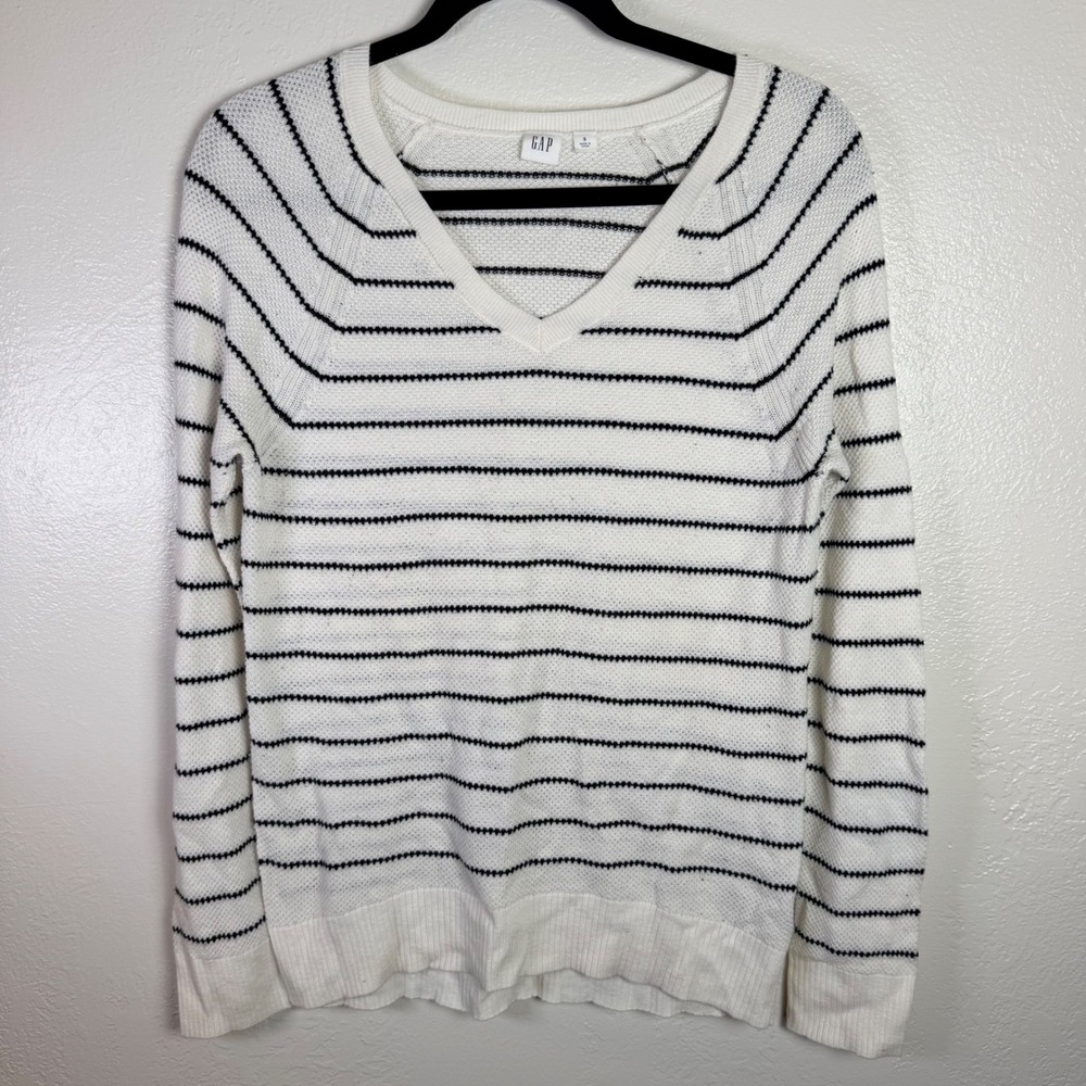 Gap Womens S V-Neck Striped Cotton Blend Knit Sweater Coastal preppy French Girl